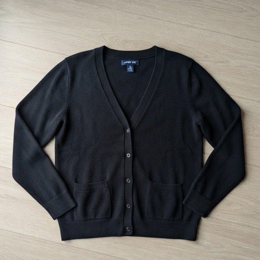 Lands' End Cardigan Sweater Women Medium Black V-Neck Cotton Button Front Preppy